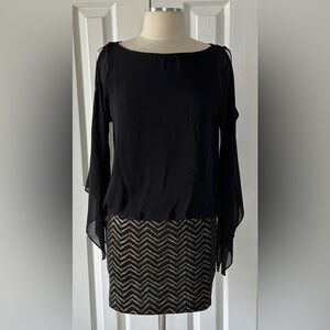 IZ BYER Sheer Cold Shoulder Dress Black & Gold Metallic Mini Size S